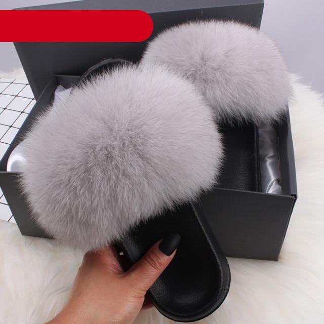 Stevvex women's indoor fur slippers with open toe, plush fluffy fur, slip-on style, featuring fox fur and feather accents.
