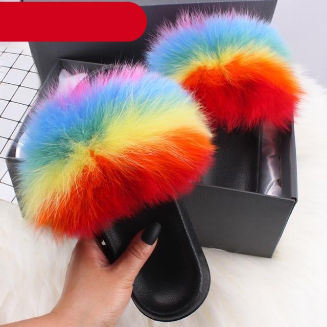 Stevvex women's indoor fur slippers with open toe, plush fluffy fox fur slides, fuzzy slip-on sandals for cozy comfort.