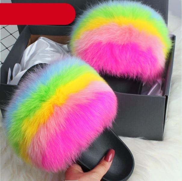 Women’s Stevvex fuzzy fur indoor slippers with open toe, plush fluffy slides, featuring fox fur and feather accents.