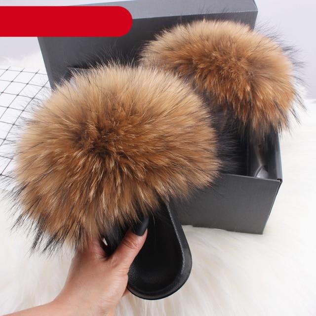 Stevvex women's indoor fur slippers with open toe, plush furry slides, featuring fox fur and feather accents for cozy comfort.