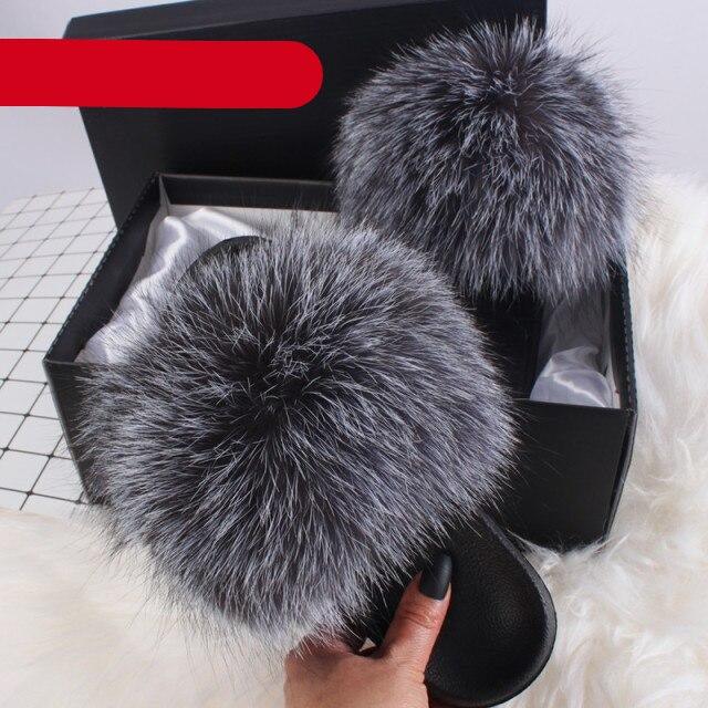 Stevvex women's indoor fur slippers with open toe, plush fuzzy fur slides, furry fox fur accents, and slip-on design for cozy comfort.