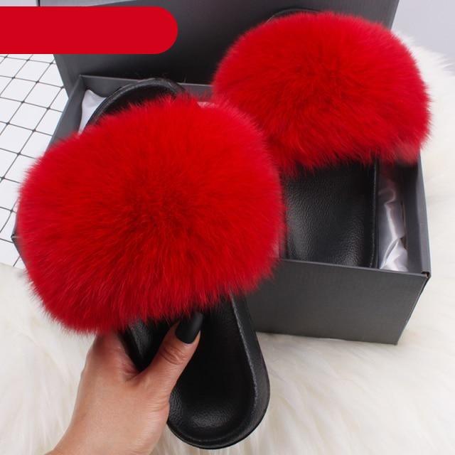 Stevvex women's indoor fur slippers with plush open-toe design, fluffy fox fur exterior, perfect for cozy indoor wear.
