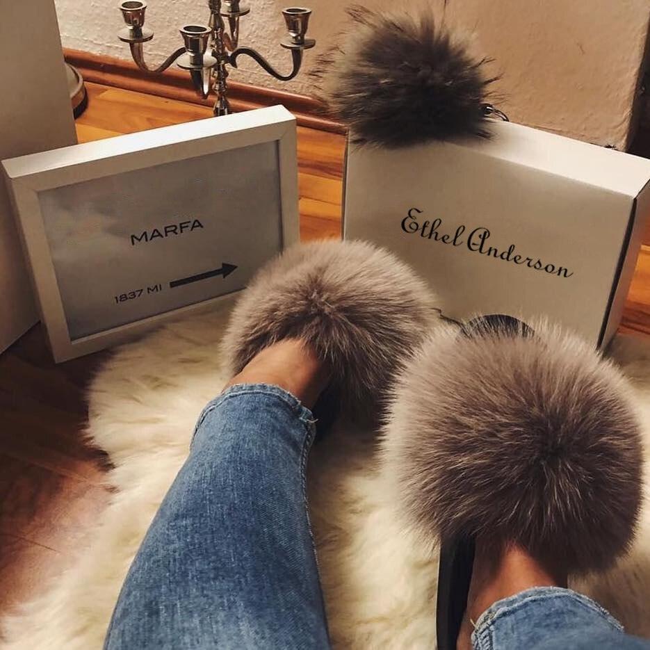 Stevvex women's indoor fur slippers with open toe, plush fur, fluffy slides, and furry fox fur detail.