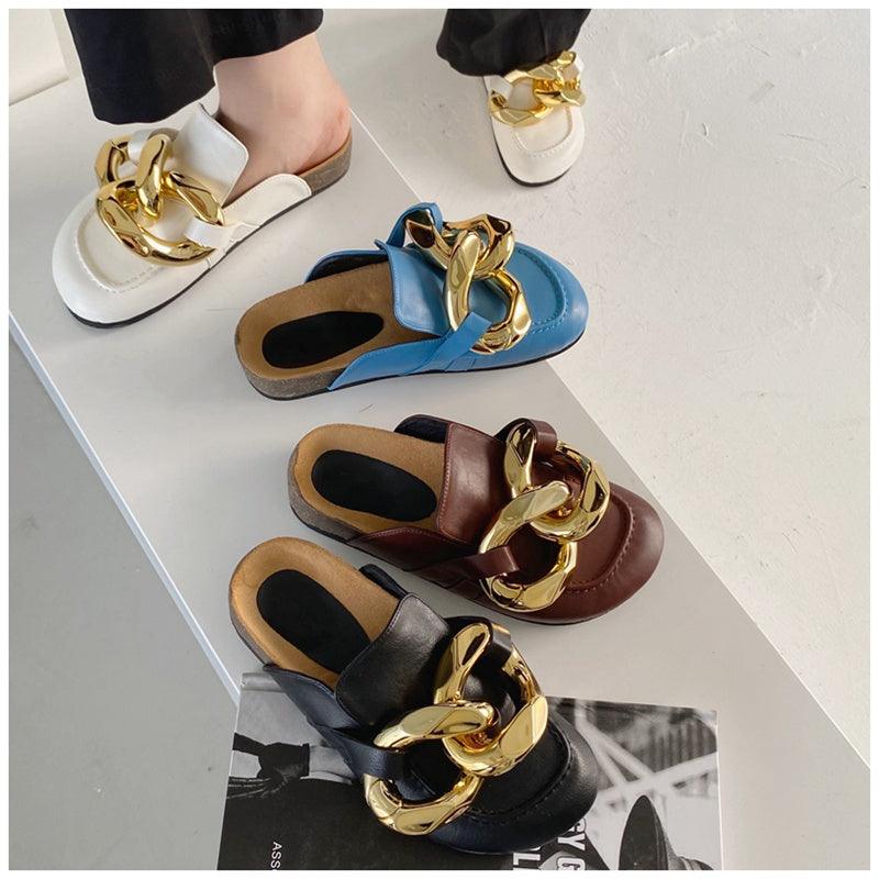 Stevvex women's closed toe slip-on slippers with gold chain, round toe, low heels, casual slide sandal, flat loafer style.