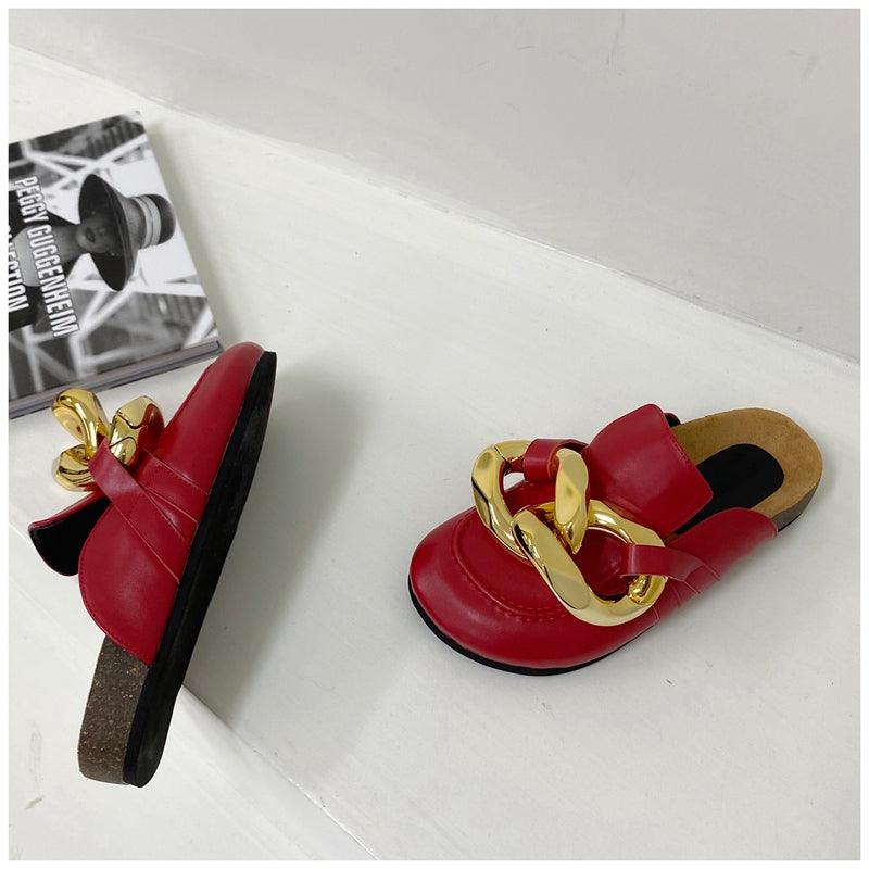 Stevvex women's closed-toe slip-on slippers with gold chain, round toe, low heels, casual slide design, metal chain detail.