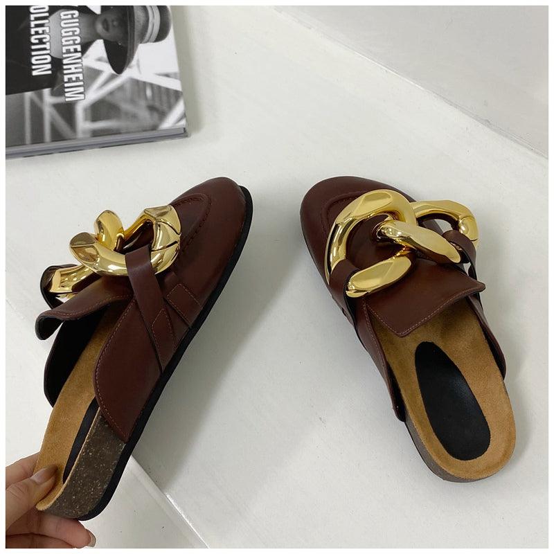 Stevvex women's slip-on flats with gold chain, closed round toe, low heels, casual slide sandal, elegant metal chain design.