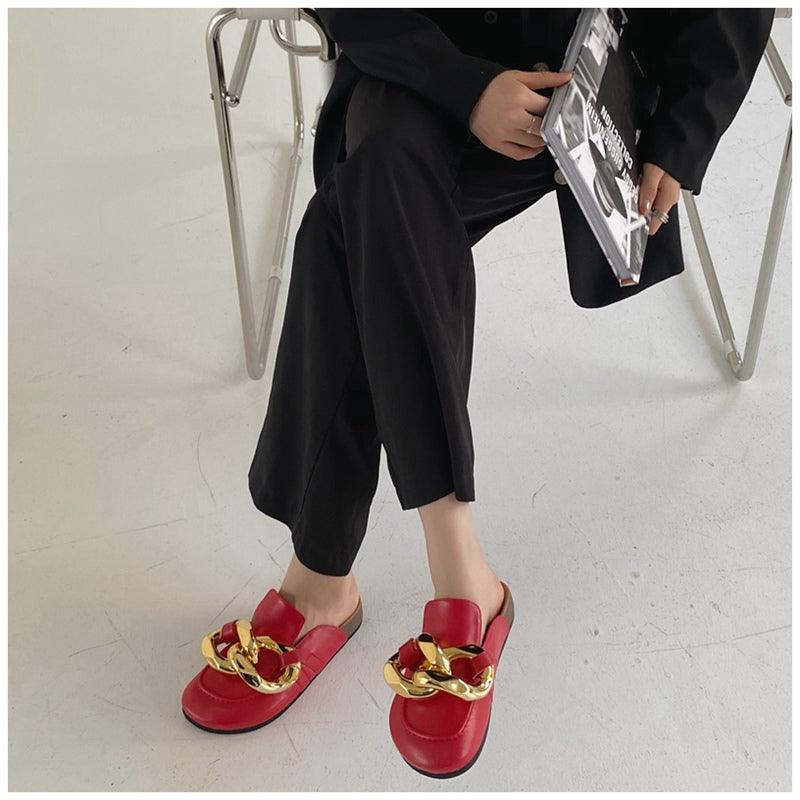 Stevvex women's closed-toe slip-on slippers with metal chain design, round toe, low heels, and casual flat slide sandal style.