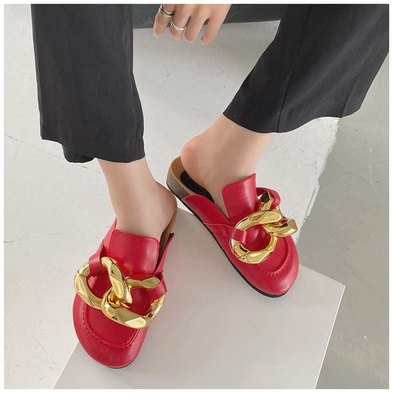 Stevvex women's slip-on flats with closed toe, round toe design, low heels, gold chain detail, casual slide sandal.