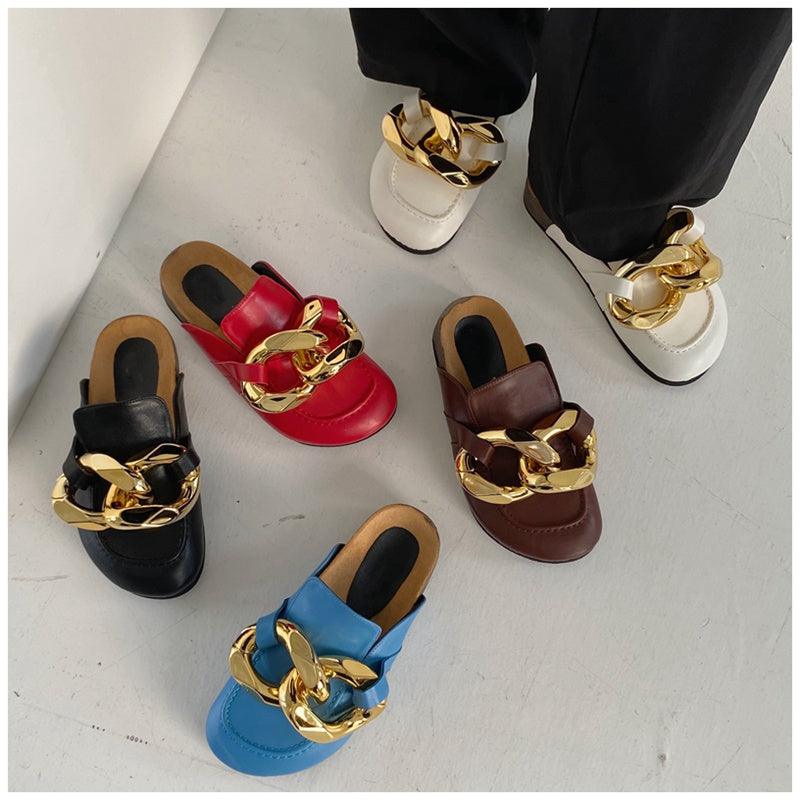 Stevvex women's closed-toe slip-on slippers with gold chain detail, round toe, low heels, casual flat slide sandals for women.