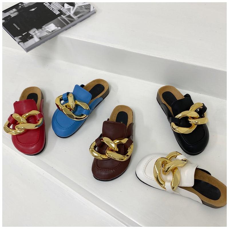 Stevvex women's casual slip-on sandals with gold chain, closed round toe, low heels, and flat loafer-style design.
