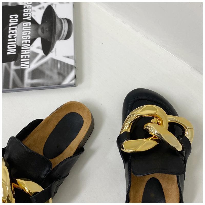 Stevvex women's slip-on slippers with metal chain design, closed round toe, low heels, casual flats, gold chain accents.