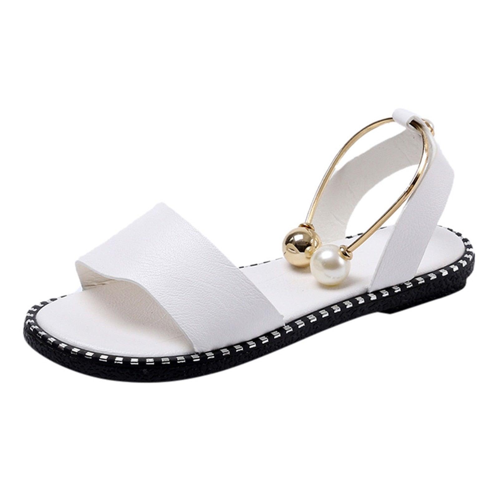 Stevvex white women’s fashion sandals with pearl buckle, round toe, strappy design, suitable for casual and wedding summer wear.