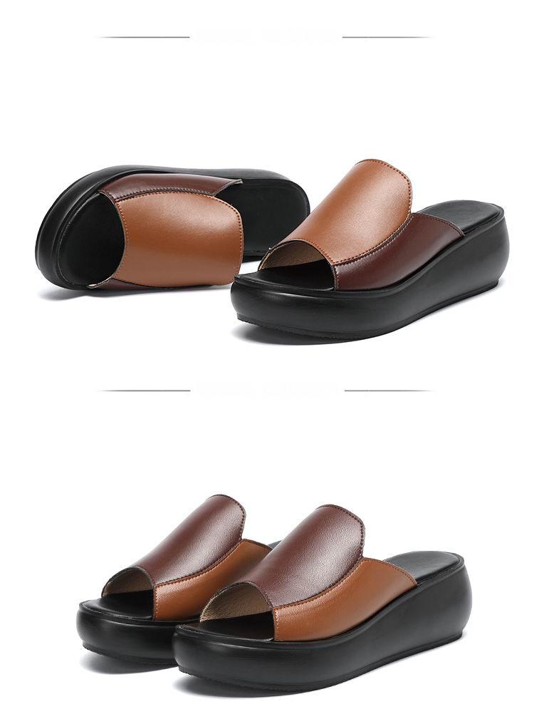 Elegant women's leather platform slippers with high heels, breathable design, suitable for outdoor, beach, and casual walking.