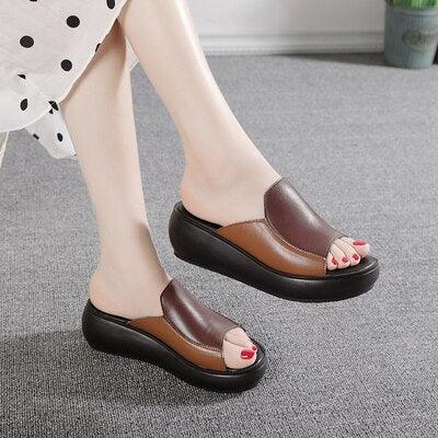 Elegant woman's genuine leather platform slippers with high heels, wedge design, breathable lightweight outdoor beach shoes by Stevvex.