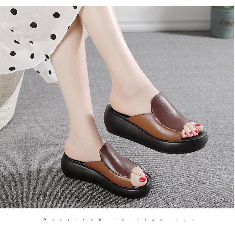 Stevvex women's genuine leather platform slippers with high heels, breathable outdoor wedge sandals, suitable for beach and walking.