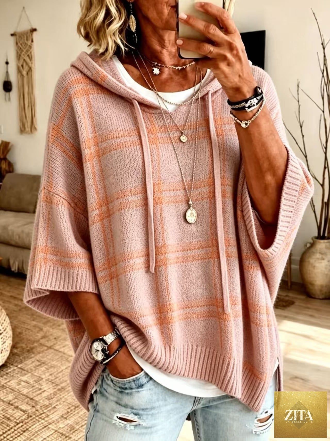 Plaid Knit Hooded Batwing Sweater