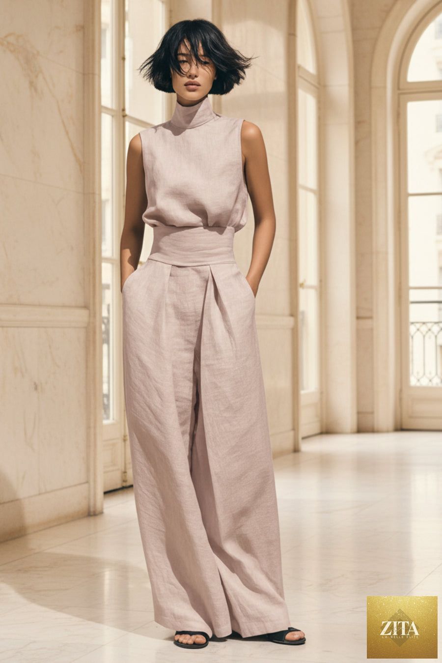 Women's linen-blend high-neck sleeveless top and wide-leg pants set by MERIDGE, shown in a natural fabric and stylish design.