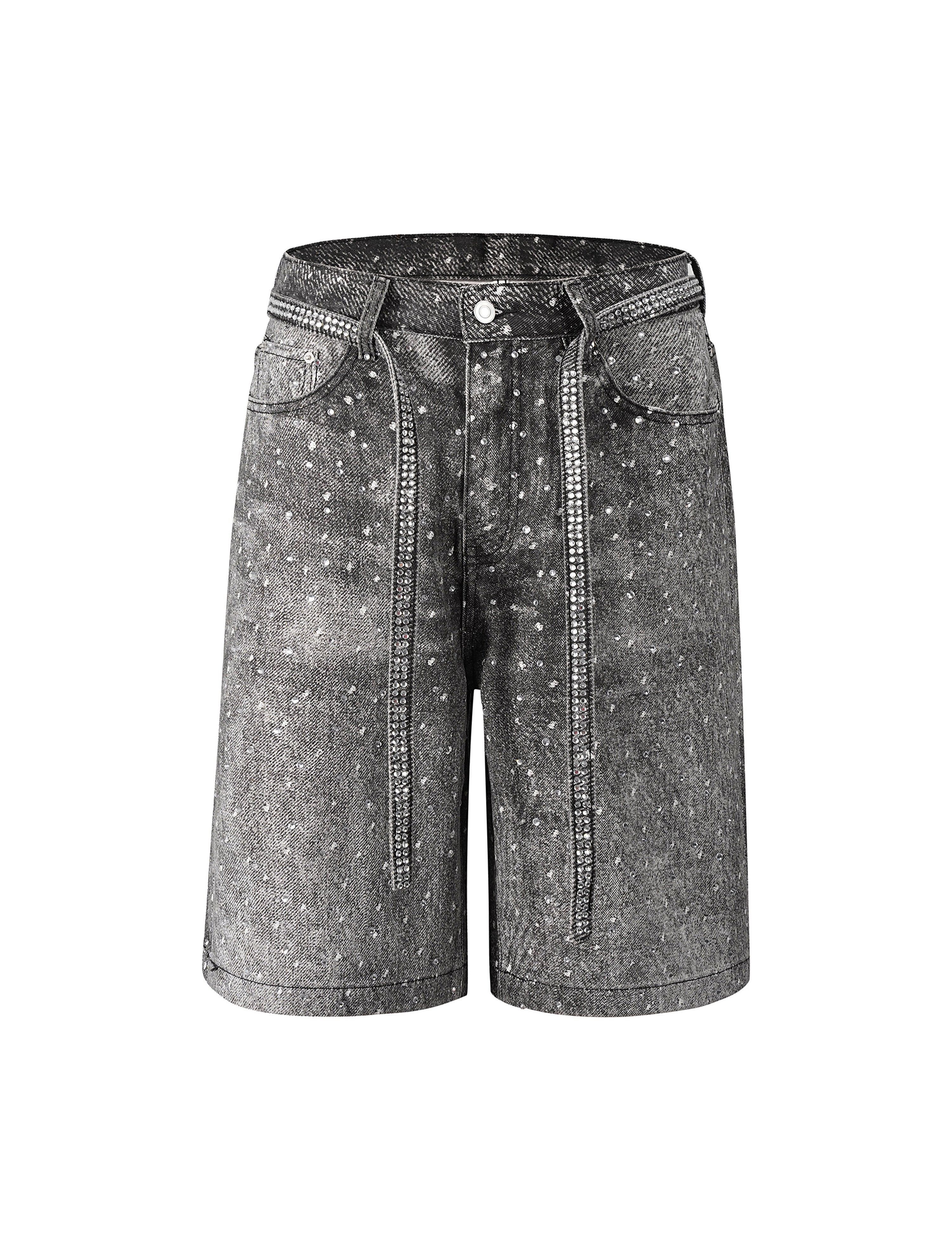 Black denim shorts with rhinestone embellishments from UNDEVELOPED's NOIR RHINESTONE SHORTS collection, featuring a stylish fit and design.