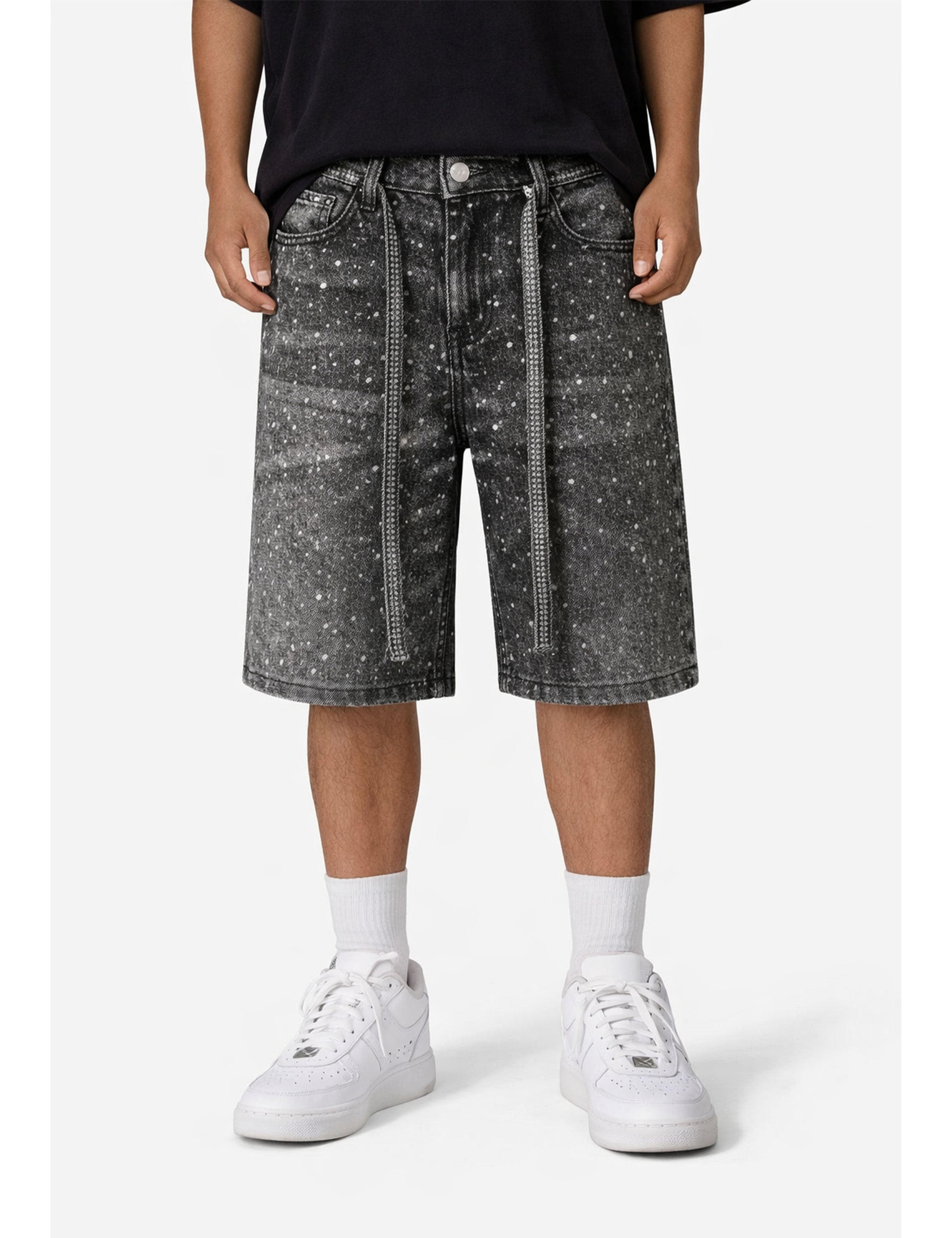Black denim shorts with rhinestone embellishments from UNDEVELOPED's NOIR RHINESTONE SHORTS collection.