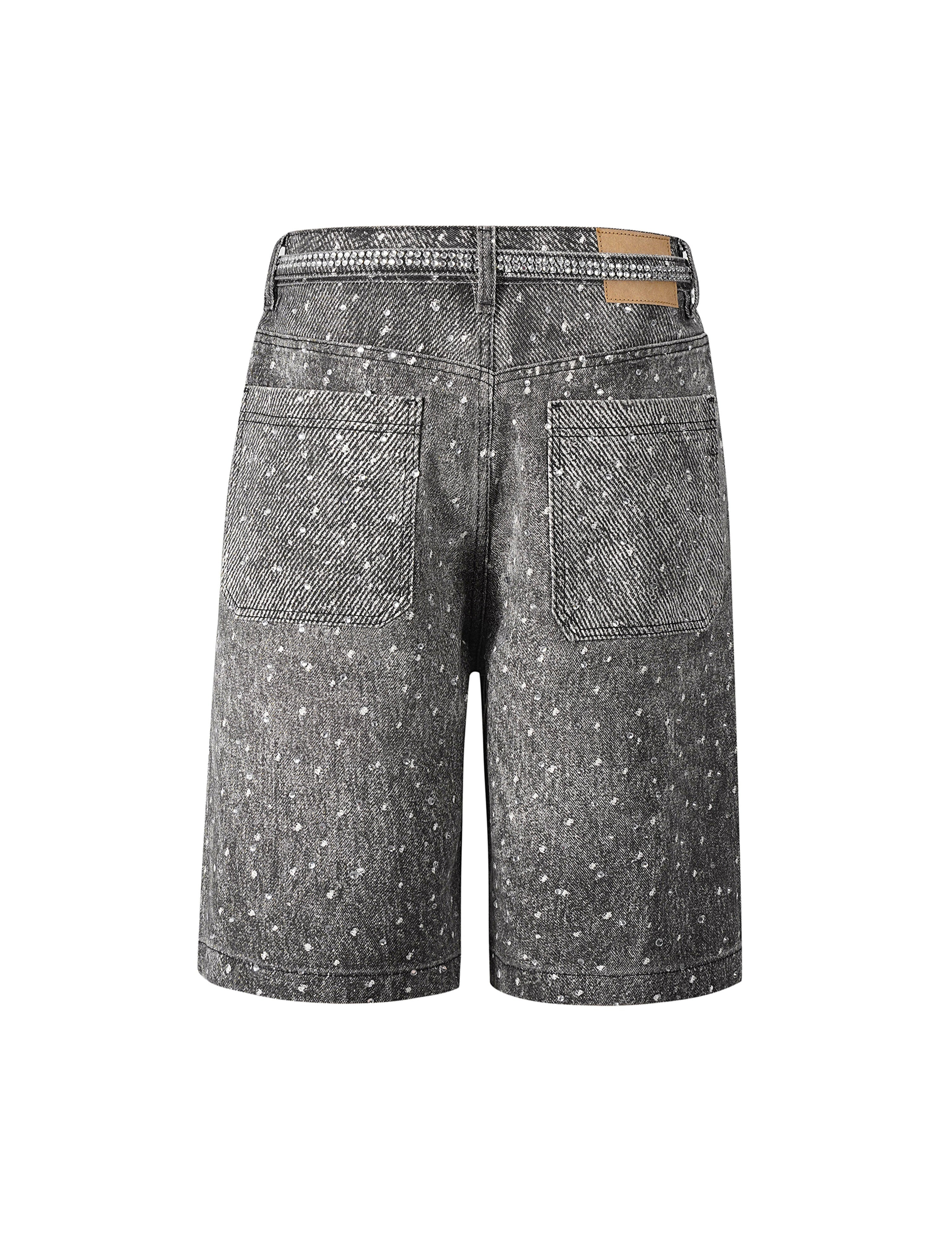 Undeveloped Noir rhinestone denim shorts with embellished details and distressed finish, casual summer fashion for women.