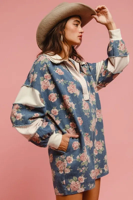 BiBi Washed Floral Denim Romper With Contrast Collar
