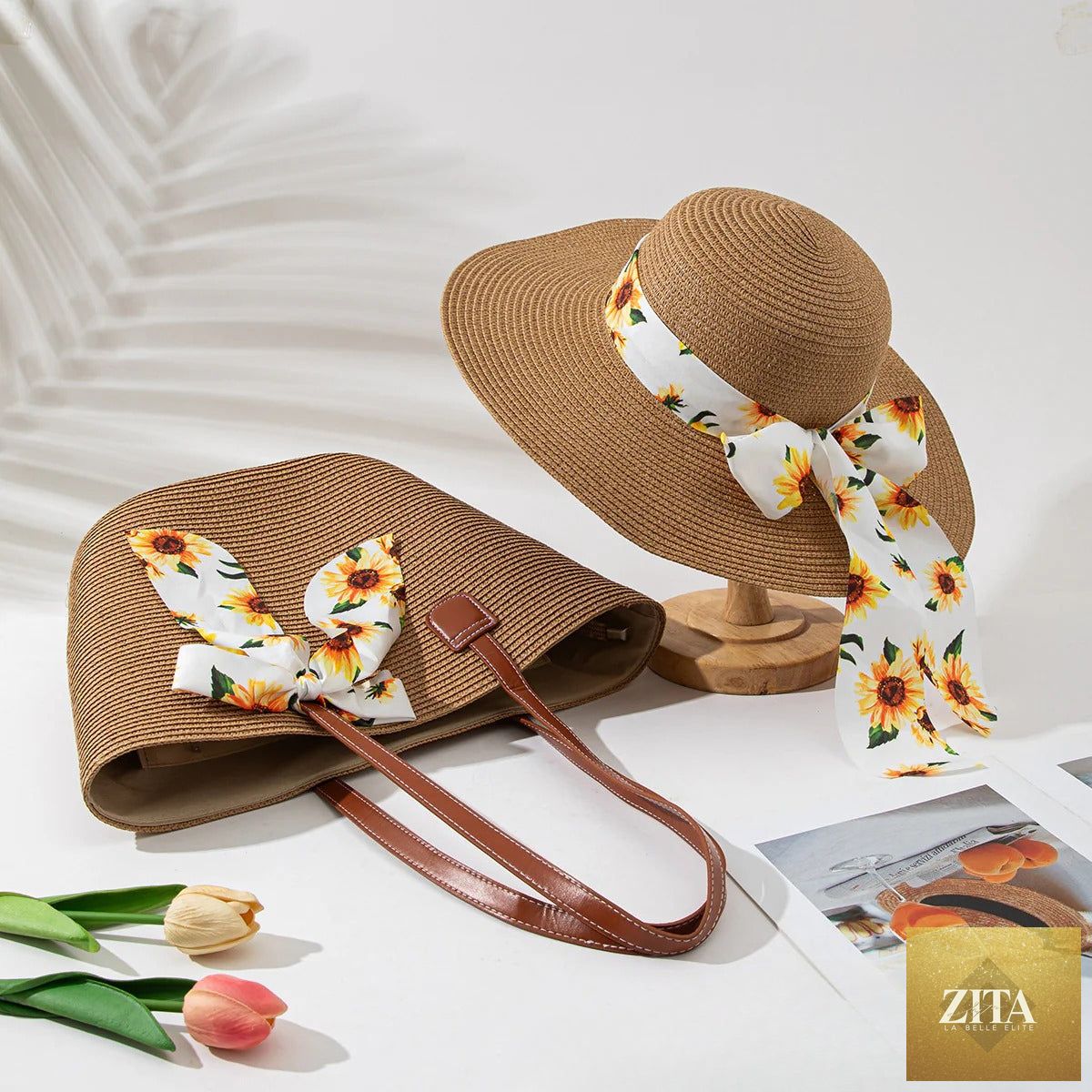 Straw Hat & Tote Set – Beach Vacation Sun Protection Duo, Large Capacity Travel Tote