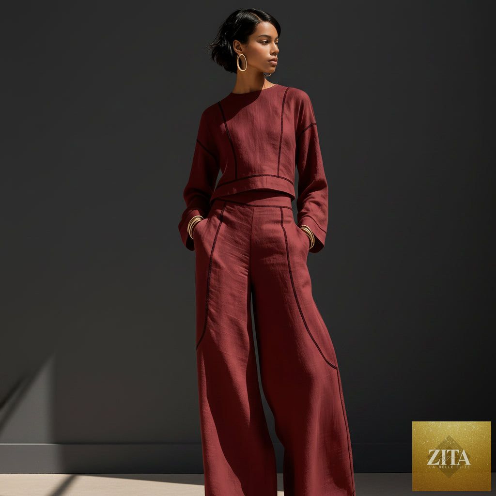 Women's Cropped Long-Sleeve Top & Ultra-Wide Palazzo Pants Set