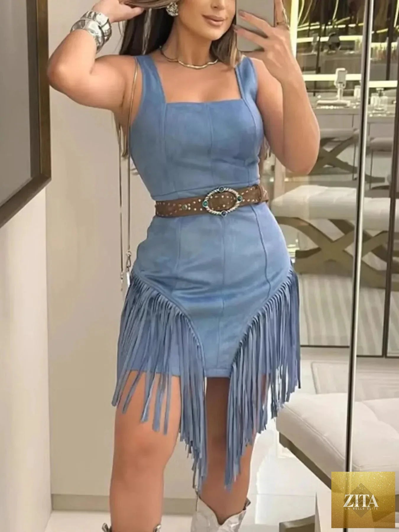 Shopiebay fringe square neck bodycon mini dress with stylish fringe details and fitted silhouette, perfect for trendy evening wear.