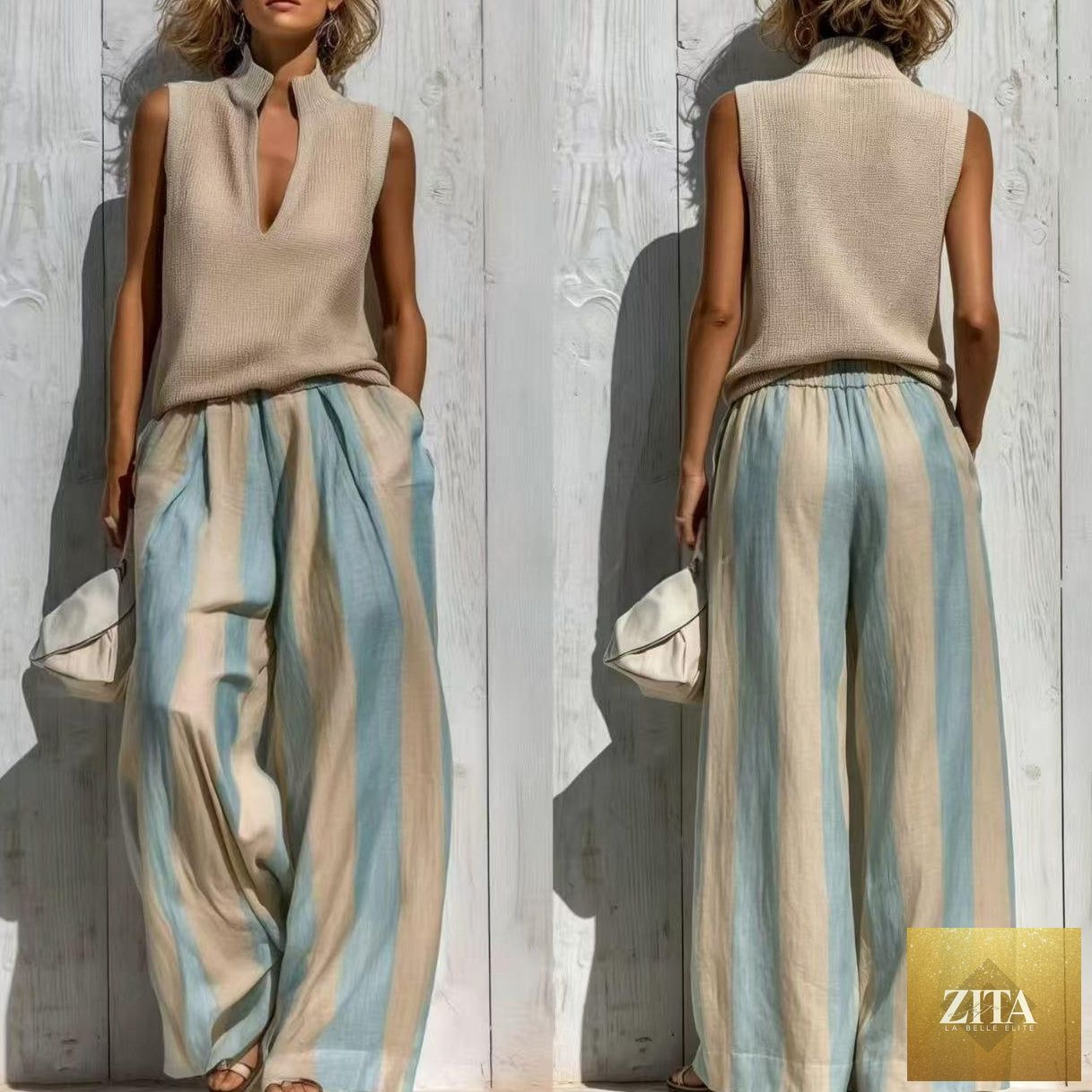 Women's Textured Knit V-Notch Stand Collar Tank & Striped Wide-Leg Palazzo Pants Set