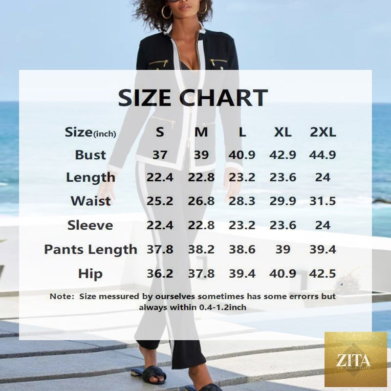 Women's Gold-Zip Contrast Trim Tracksuit Set – Fitted Jacket & Slim Flare Pants