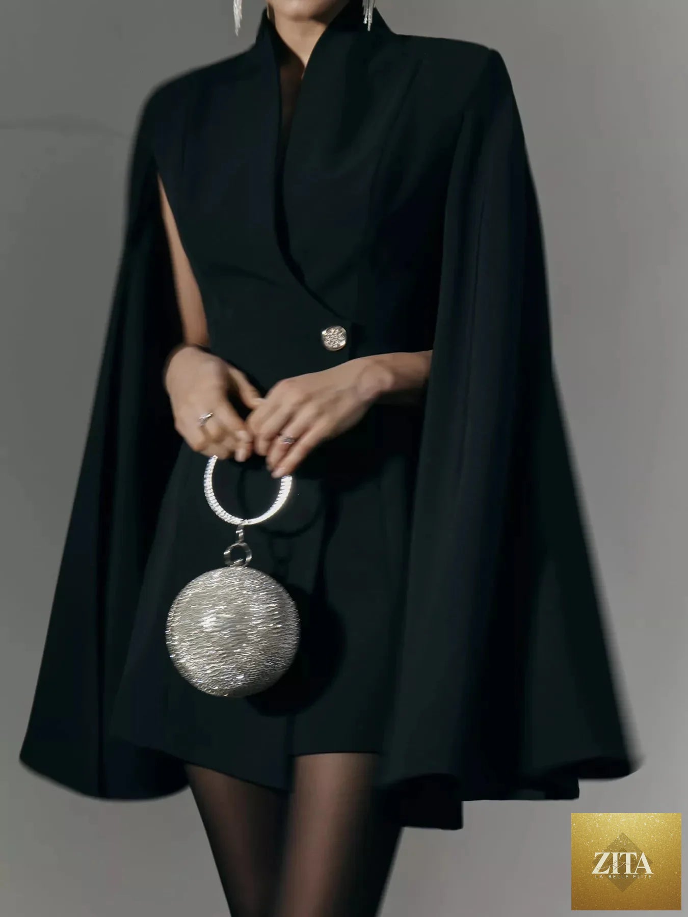 Shopiebay fitted mini blazer dress with one button and cape sleeves, stylish and modern for chic occasions.