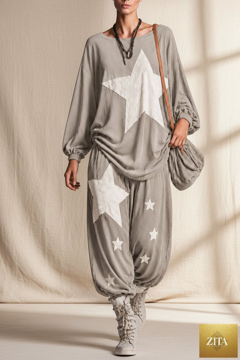 Women's Star Print Oversized Batwing Long-Sleeve Sweatshirt & Harem Balloon Trouser Set