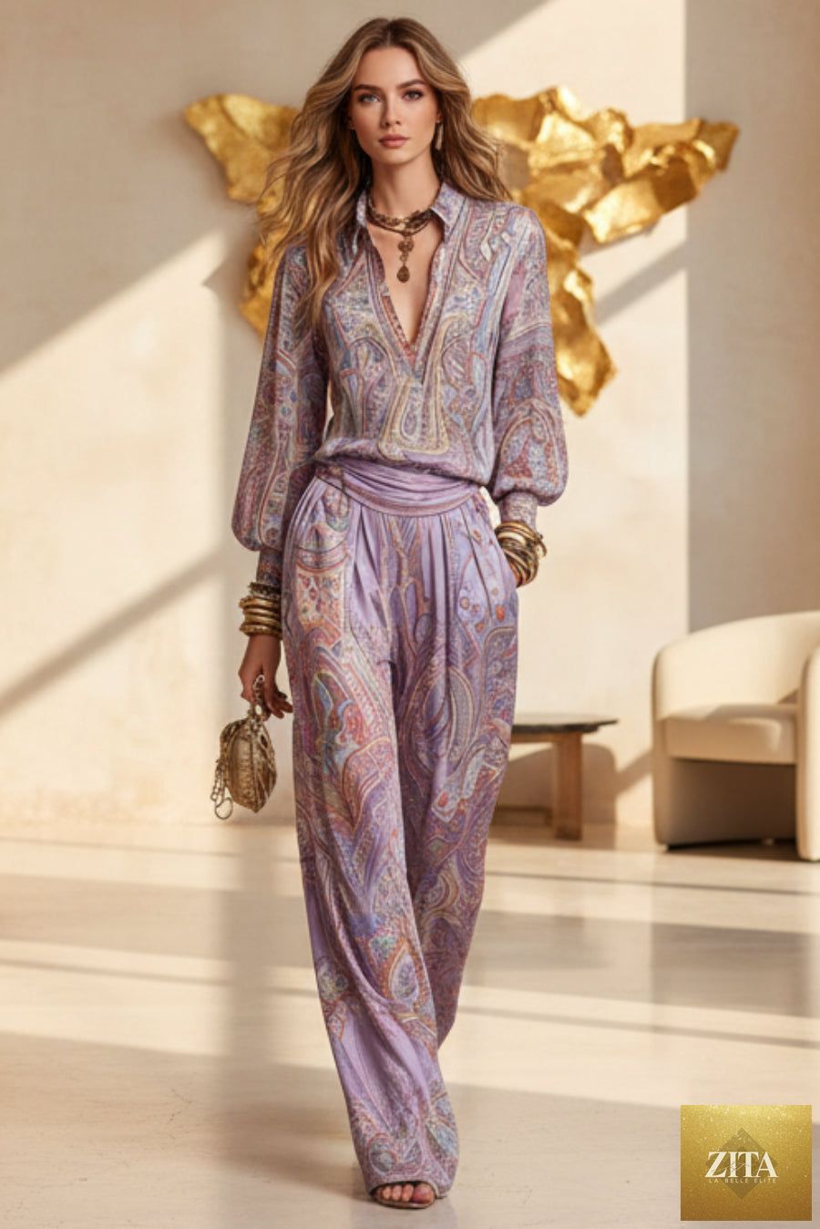 Women's Paisley Print Deep V Fringe Blouse & Wide-Leg Palazzo Pants Set