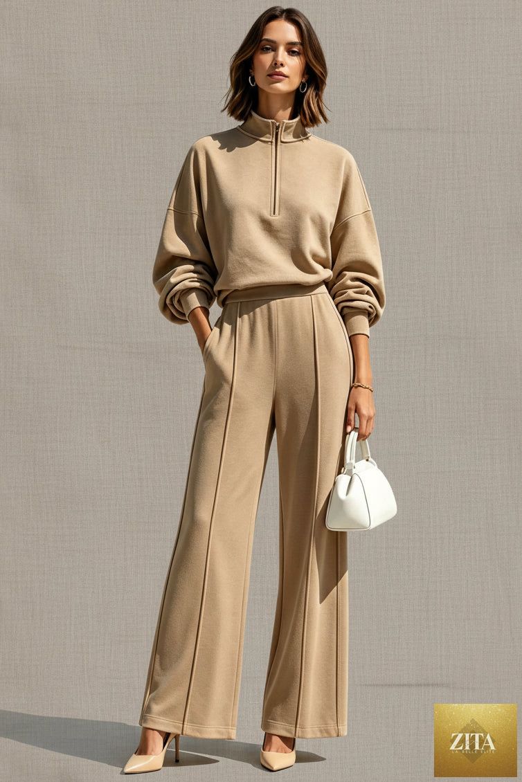 Women's Half-Zip Hoodie & Wide-Leg Pants Set