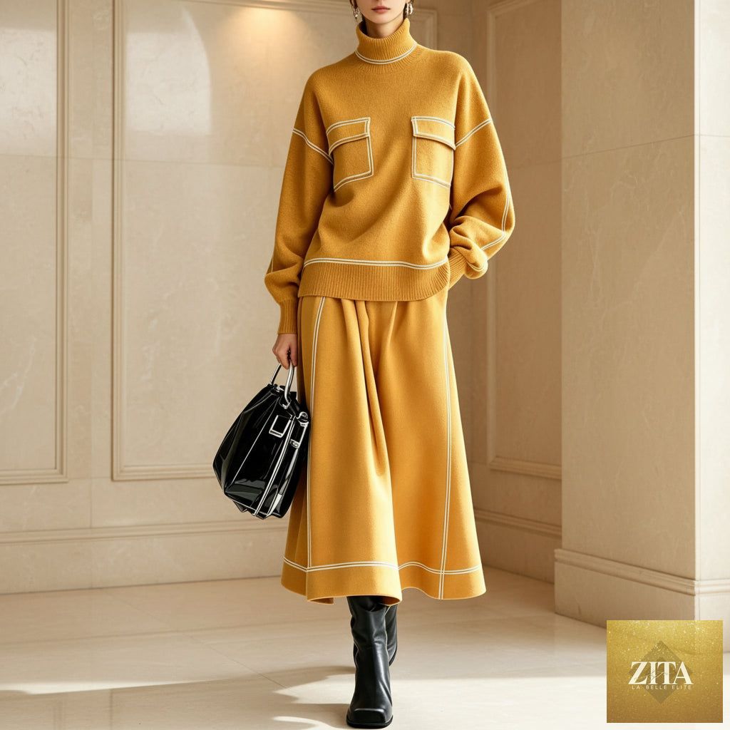 Women's turtleneck balloon-sleeve knit top and A-line midi skirt set by MERIDGE, featuring contrast topstitching.