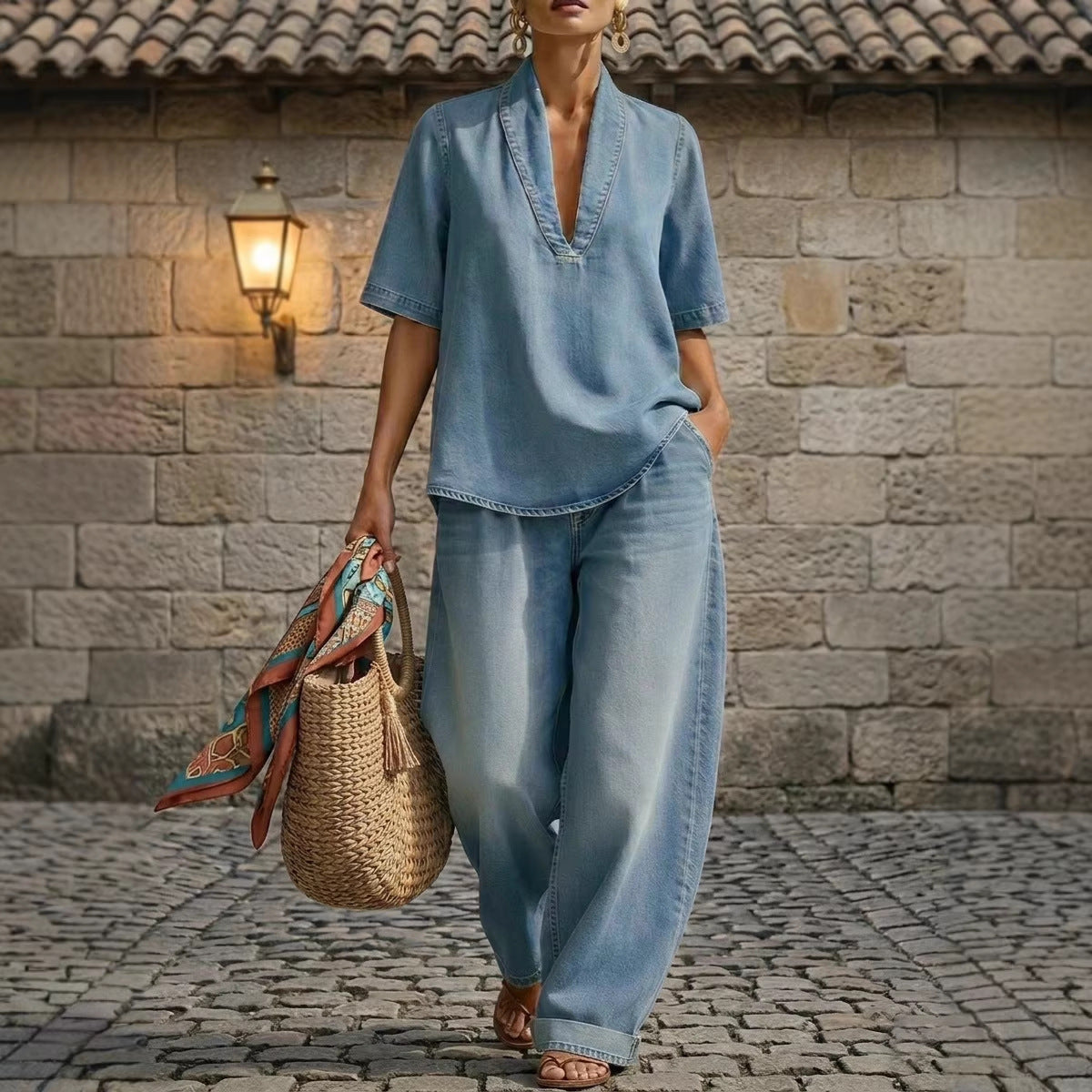 Casual FitiqueFit retro V-neck washed denim top and wide-leg pants set in three colors, available in sizes S to 3XL.