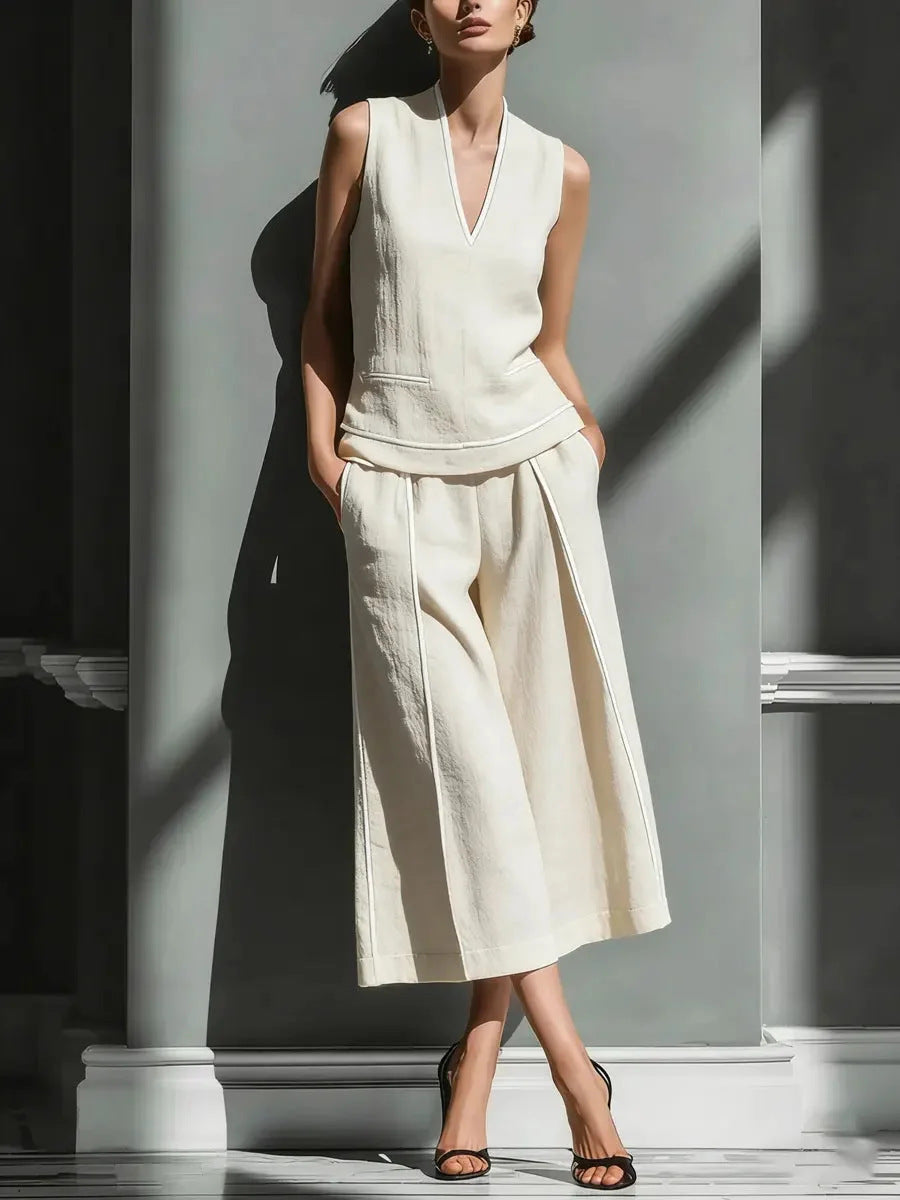 Women's sleeveless linen shirt and cropped pants set by FitiqueFit, casualwear 2-piece outfit, shown on a model.
