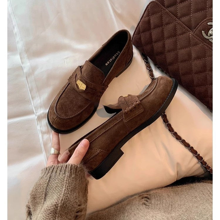 Women's British-Style Gold Coin Loafers by FitiqueFit, leather slip-ons with block heel and classic design, suitable for stylish casual wear.