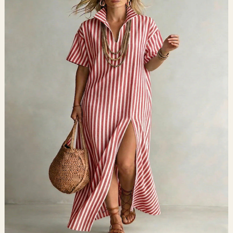 Women's striped cotton-linen maxi dress with V-neck and short sleeves, casualwear by FitiqueFit, featuring a slit design.