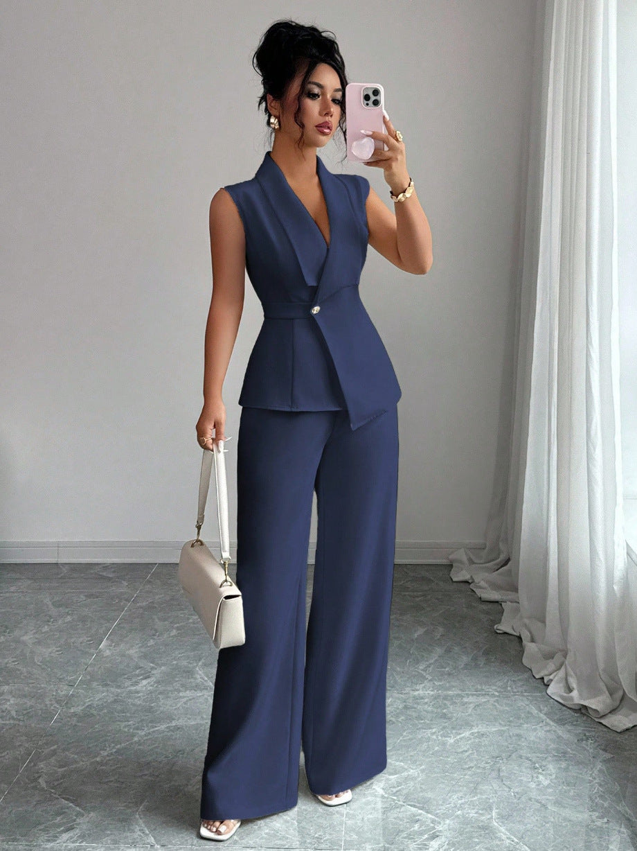 Women's sleeveless blazer and straight-leg pants two-piece casualwear set by FitiqueFit, featuring a stylish sleeveless blazer and matching pants.