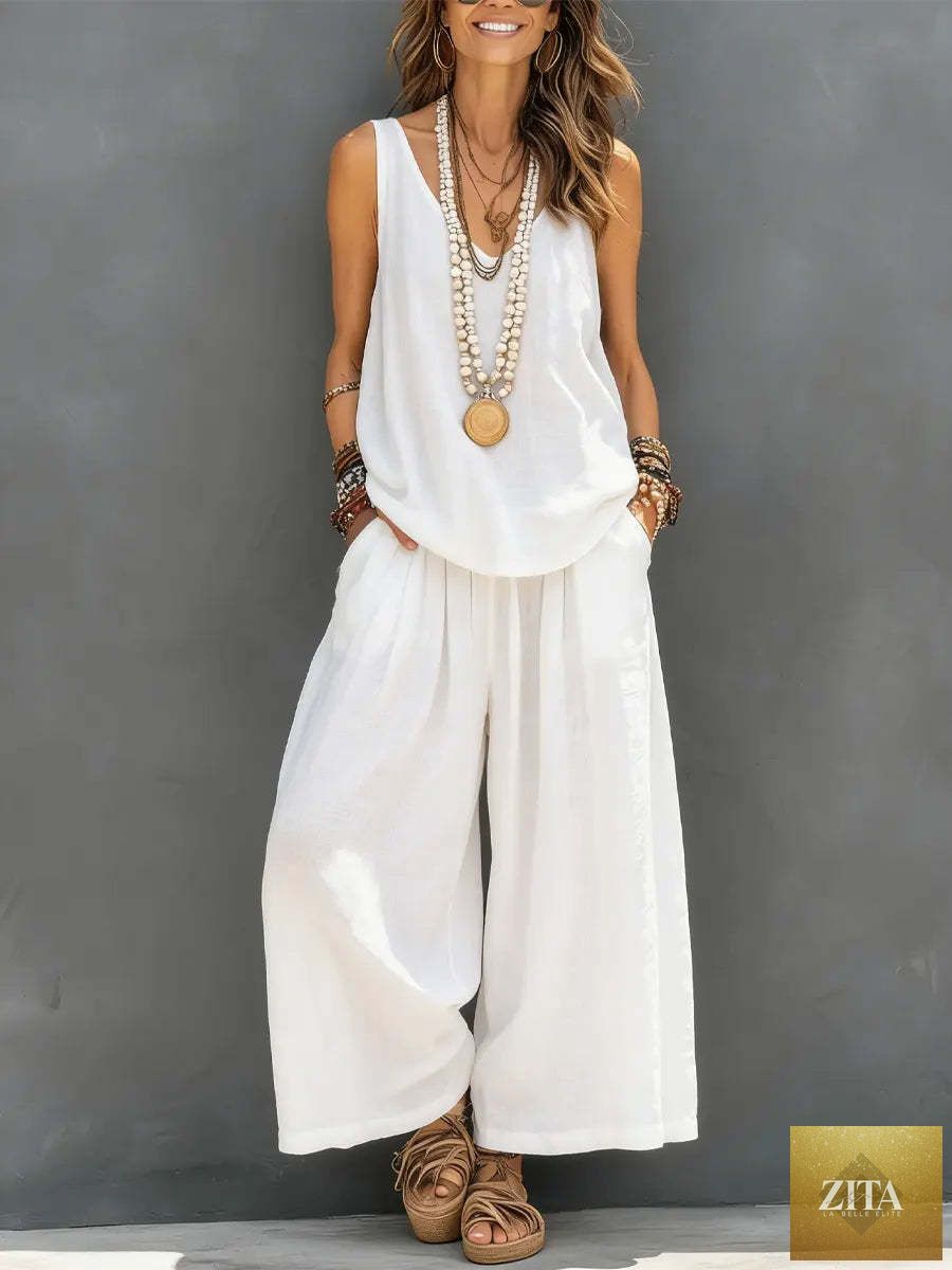 Womens Solid-Colored Casual Sleeveless Tank Top And Wide-Leg Pants Cotton-Linen Set For Daily Wear Holiday Outfit