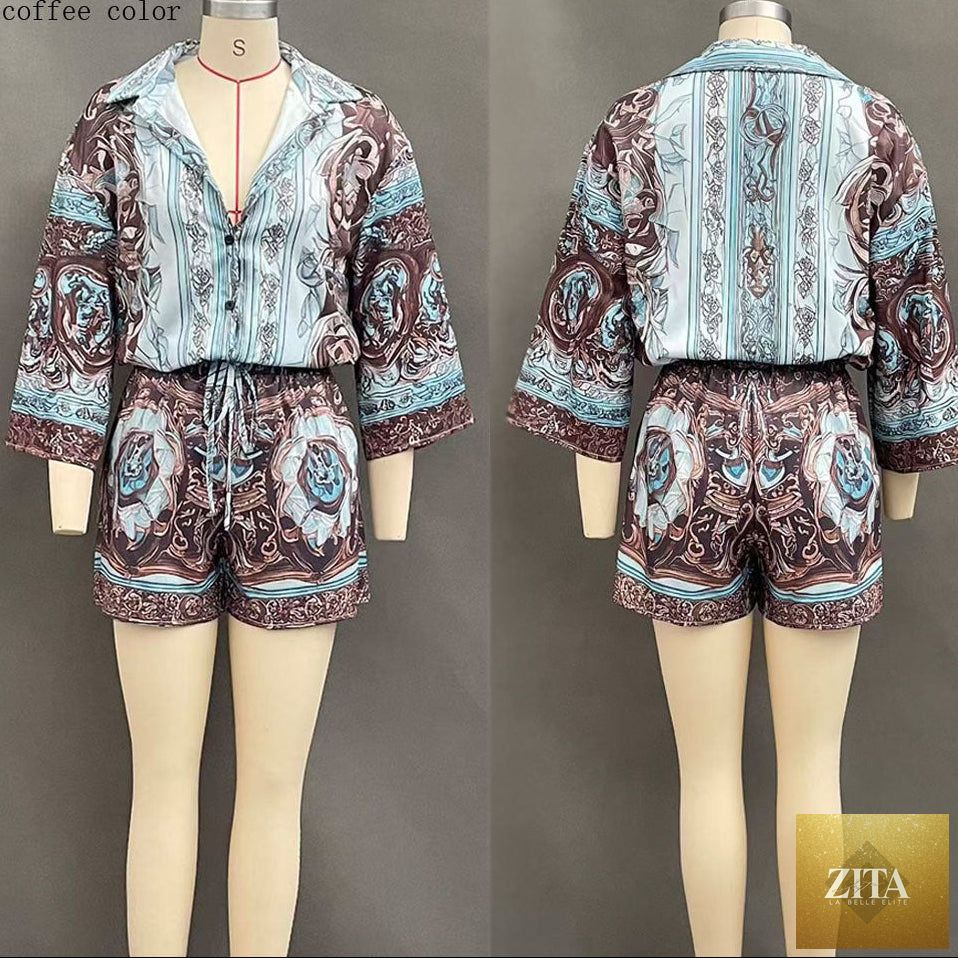 Women's Baroque Medallion Print Batwing Shirt & Shorts Set