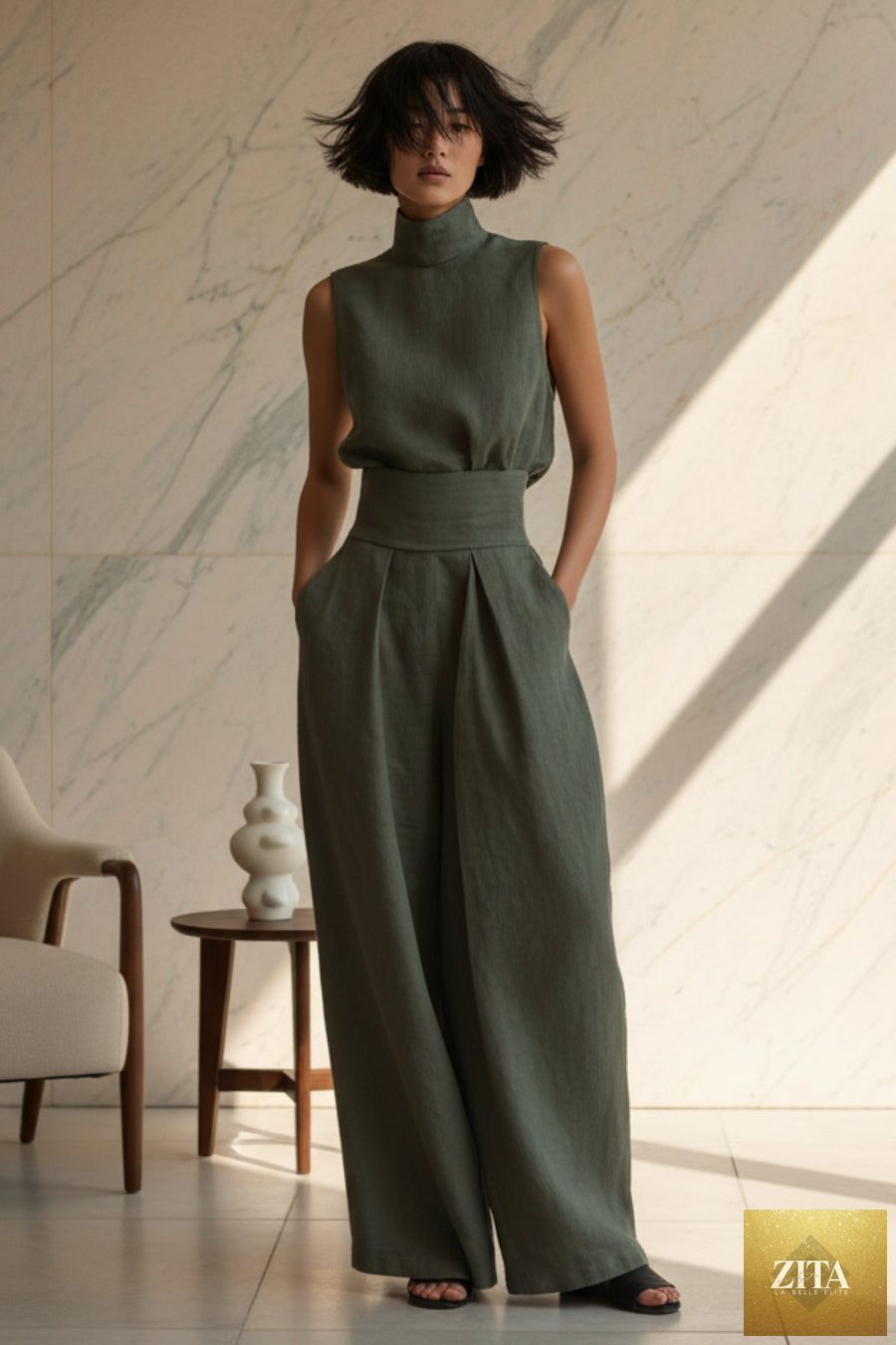 Women's linen-blend high-neck sleeveless top and wide-leg pants set by MERIDGE, showing the stylish two-piece outfit.