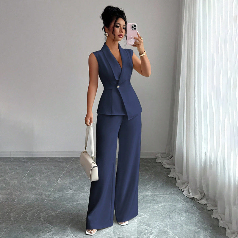 Women's sleeveless blazer and straight-leg pants two-piece casualwear set by FitiqueFit, featuring a tailored blazer and matching pants.