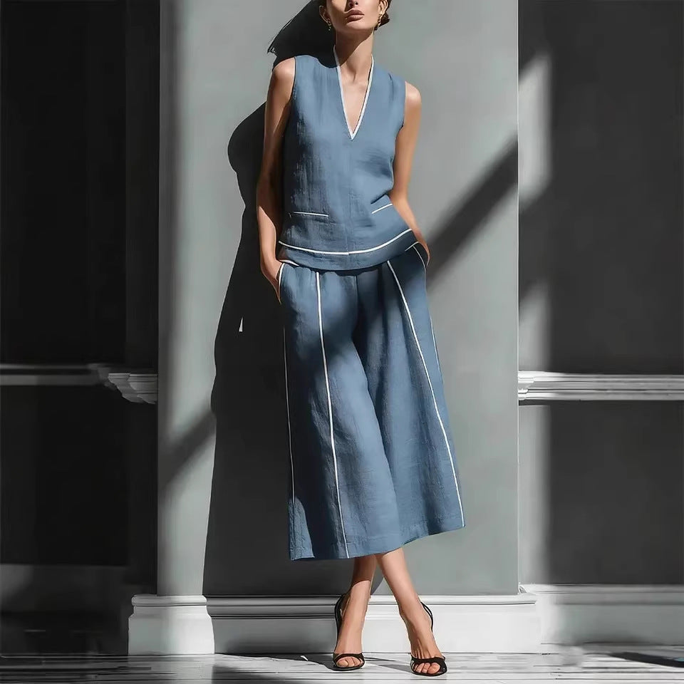 Women's sleeveless linen shirt and cropped pants set by FitiqueFit, casual two-piece outfit, perfect for warm weather.