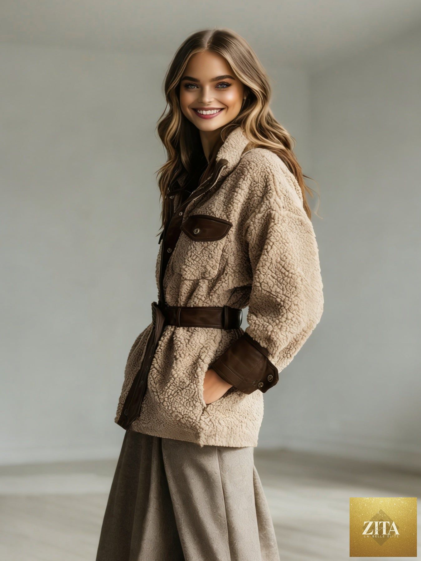 Women’s vintage PU leather jacket by FitiqueFit with lamb fur lining, stylish autumn winter coat, front view showing collar and texture.