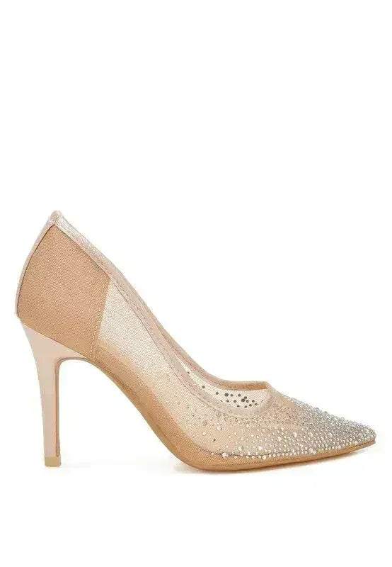 Femstylo high ball mesh rhinestone stiletto pumps featuring mesh material, rhinestone embellishments, and sleek heel design.
