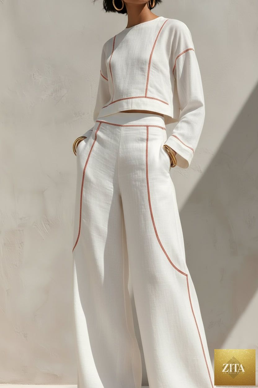 Women's Cropped Long-Sleeve Top & Ultra-Wide Palazzo Pants Set