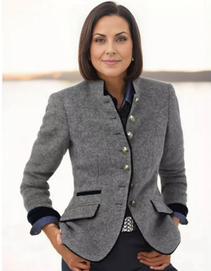 Women’s color-block woolen coat by FitiqueFit with multi-button design, casual elegant style, and a stylish, modern look.