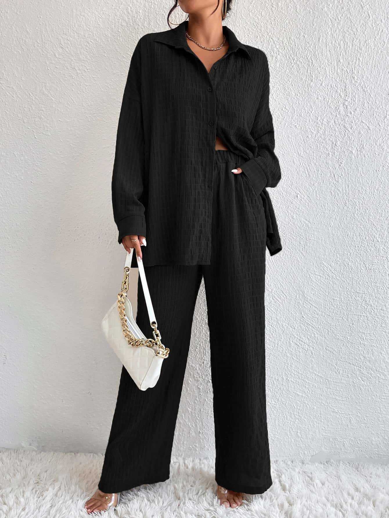 Women's FitiqueFit pleated long sleeve lapel two-piece casualwear set with loose top and matching pants, stylish and comfortable.